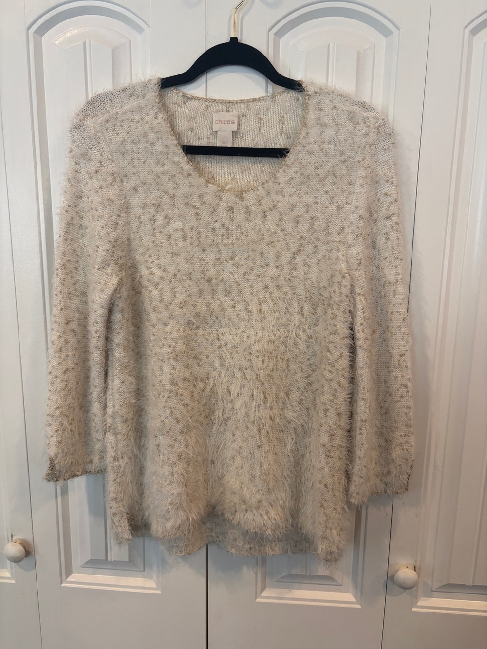 Chicos white and gold fuzzy sweater size 1 (medium)
